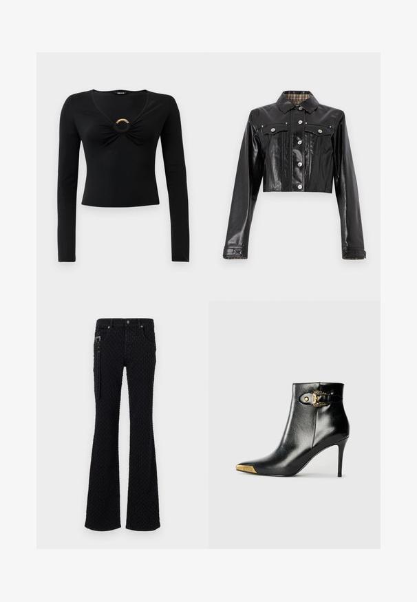 Rabanne Chaqueta vaquera - black; Top negro de manga larga con escote en V, que presenta tela fruncida en el busto y un acento metálico redondo en el centro. Material suave y elástico.; Jeans negros de campana con una tela texturizada y un patrón sutil, accesorios de metal plateado y bolsillos frontales. Detalle con cremallera en el costado.; Botín negro hasta el tobillo fabricado en cuero brillante, con punta puntiaguda, tacón de aguja y detalles dorados con una hebilla decorativa.