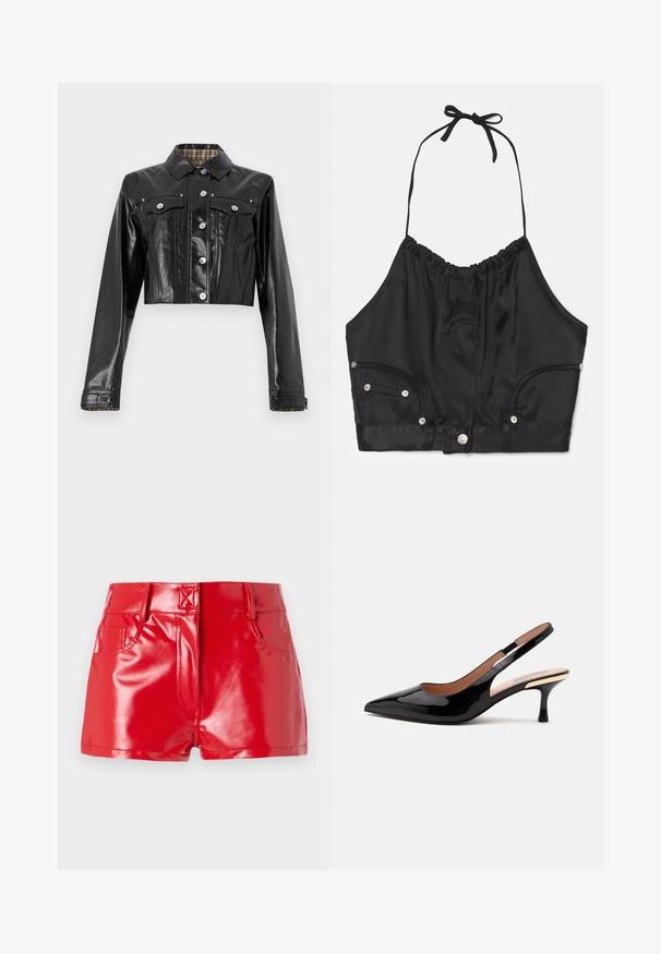 Rabanne Spijkerjas - black; Zwarte satijnen haltercrop top met gegatherde textuur, verstelbare strik in de hals, knopen aan de voorkant en twee zijzakken met zilveren hardware accenten.; Rode faux leren shorts met een glanzende afwerking, met een hoge taille, zijzakken en stiksels. Gelaagd, aansluitend ontwerp.; Zwarte lakleren slingback pump met puntige neus en lage kittenheel op een eenvoudige witte achtergrond.