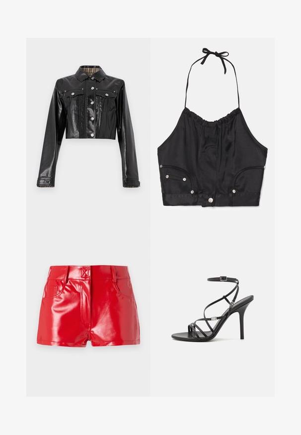 Rabanne Cowboyjakker - black; Sort satin halterneck crop top med samlede tekstur, justerbar snor i halsen, knapper foran og to sidelommer med sølv hardware detaljer.; Røde faux læder shorts med en blank finish, der har høj talje, forlommer og syningsdetaljer. Struktureret, tætsiddende design.; Sort højhælet sandal med tynde stropper, en ankelspænde, en glat læderoverflade og en slank stilethæl.