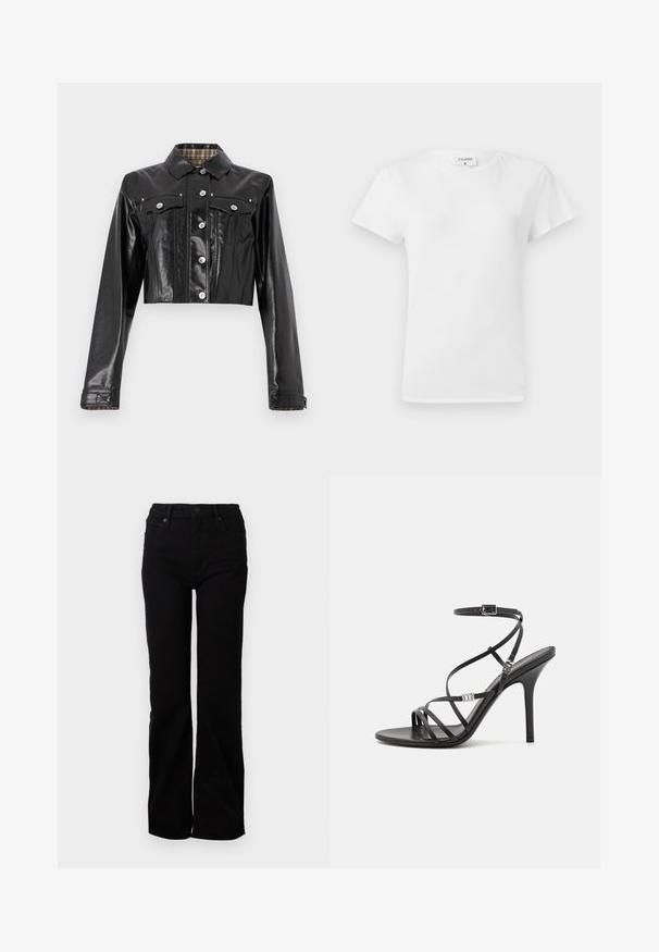 Rabanne Cowboyjakker - black; Hvid bomulds t-shirt med rund hals og korte ærmer, præsenteret i et afslappet fit og minimalistisk design. Etiketten er synlig ved halsen.; Sorte denim jeans med en straight leg-design, fem lommer, frontlukning med knap og subtil struktur. Ingen synlige mønstre eller accenter.; Sort højhælet sandal med tynde stropper, en ankelspænde, en glat læderoverflade og en slank stilethæl.