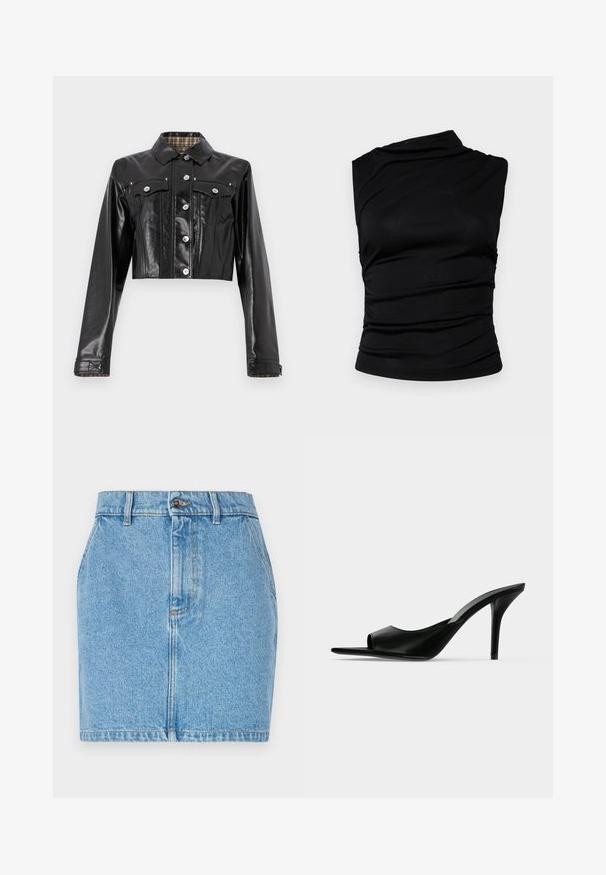 Rabanne Veste en jean - black; Haut sans manches noir avec encolure asymétrique, présentant un tissu froncé pour ajouter de la texture et une silhouette ajustée. Matière lisse et extensible.; Jupe en denim bleu clair, avec un design ajusté, un style à cinq poches et des coutures contrastées. Le matériau a une finition texturée.; Mule à talon haut en cuir noir à bout ouvert avec un talon stiletto fin, vue de profil sur un fond uni.