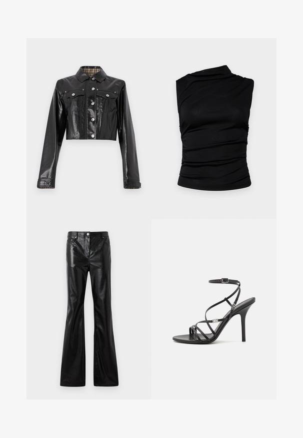 Rabanne Jeansjacke - black; Schwarzes ärmelloses Top mit asymmetrischem Ausschnitt, das gerafftes Material für Textur und eine figurbetonte Silhouette bietet. Glattes, dehnbares Material.; Rabanne Loose Jeans - black; Schwarze High-Heel-Sandale mit dünnen Riemen, einem Knöchelverschluss, einer glatten Lederoberfläche und einem schlanken Stiletto-Absatz.