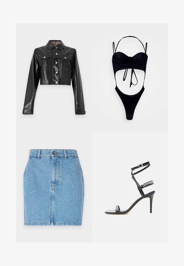Rabanne Veste en jean - black; GmbH WITH CUPS - Débardeur - black; Jupe en denim bleu clair, avec un design ajusté, un style à cinq poches et des coutures contrastées. Le matériau a une finition texturée.; Sandale noire à talon haut avec fine bride à la cheville, bride médiane décorée de maillons de chaîne argentés, et design à bout ouvert.