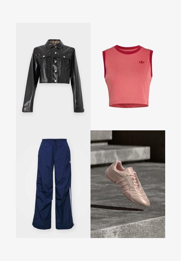 Rabanne Chaqueta vaquera - black; Top sin mangas recortado en rojo y rosa con tejido acanalado, escote redondo y pequeño logo de Adidas en rojo oscuro en el pecho izquierdo.; Pantalones de color azul marino, ligeros, con cintura elástica y cordón ajustable, con franjas blancas laterales y un pequeño logo en la parte delantera. Diseño de corte holgado.; Zapatilla deportiva de color rosa claro con acabado brillante, presenta paneles laterales texturizados y una suela de goma con agarre estampado. Incluye cordones.