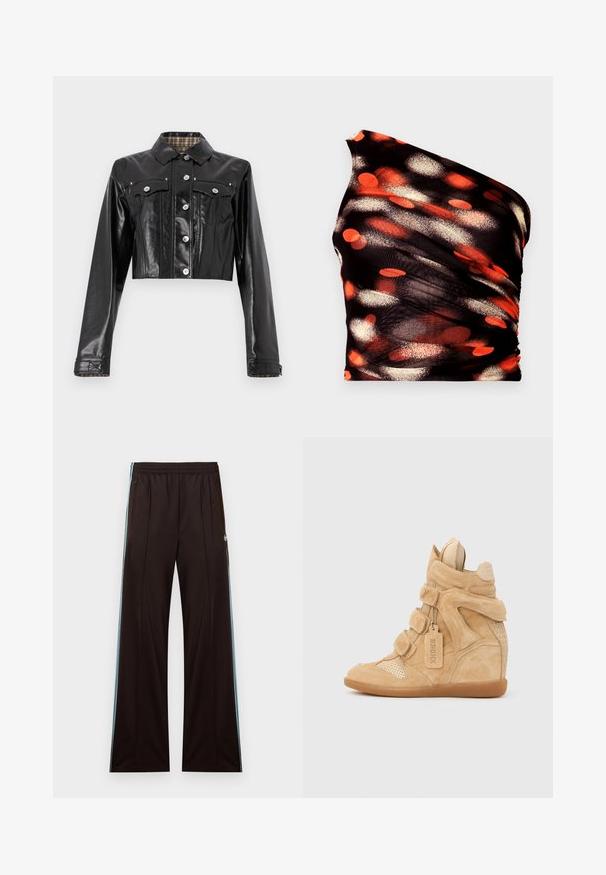 Rabanne Veste en jean - black; Haut noir asymétrique avec motifs abstraits en points orange, rouge et blanc. Confectionné dans un tissu texturé et extensible ; présente un effet froncé.; Pantalon de sport noir à jambes larges avec des bandes latérales bleu clair, taille élastique, poches zippées, et logo Adidas sur la hanche gauche.; Baskets compensées en daim fauve avec trois sangles Velcro, bout perforé, talon clouté et une étiquette suspendue portant l'inscription "BRONX" sur fond blanc.