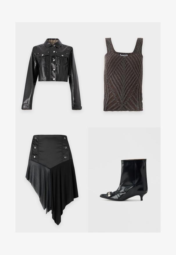 Rabanne Spijkerjas - black; Bruine gebreide tanktop met een gestructureerd chevronpatroon, brede bandjes en een ronde halslijn. Het materiaal lijkt zacht en warm te zijn.; Zwarte asymmetrische rok met een mix van matte en textuurstoffen, voorzien van zilveren knoopdetails op de taille en een gelaagde zoomontwerp.; Zwarte leren enkellaars met een spits toelopende neus, lage kittenhak en een decoratieve zilveren gesp aan de zijkant bij de neus.