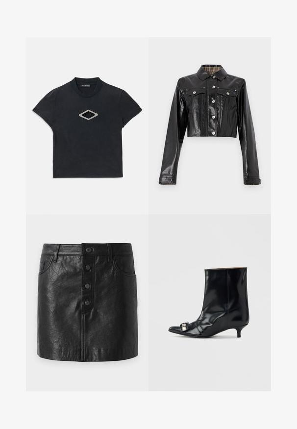 Rabanne Chaqueta vaquera - black; Camiseta corta negra de manga corta con escote redondo y un diseño de corte en forma de diamante plateado en la parte central delantera.; Falda de cuero negra con una cintura alta, cierre de botones en la parte delantera, dos bolsillos laterales y una forma ligeramente acampanada. Acabado texturizado.; Bota de cuero negro para el tobillo con punta puntiaguda, tacón bajo tipo aguja y hebilla decorativa plateada en el lateral cerca de la punta.