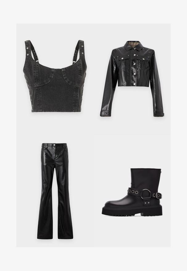 Rabanne Spijkerjas - black; Ksubi DAUPHINE BUSTIER SHADOW - Top - black; Rabanne Wijde jeans - black; Zwarte leren laars tot halverwege de kuit met dikke profielzool, decoratieve riem met zilverkleurige metalen oogjes en gesp aan de zijkant.
