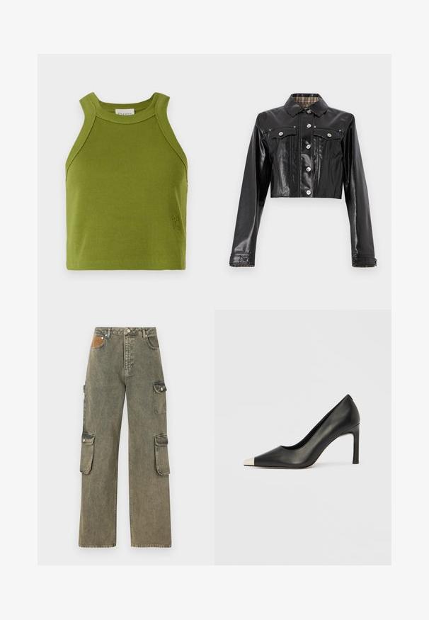 Rabanne Denimová bunda - black; CLOSED CROPPED RACER TANK - Top - pistachio green; Nohavice typu cargo v šedozelenom denime, s vysokým pásom, širokými nohavicami, dvoma postrannými cargo vreckami a textúrovanou hnedou nášivkou na prednej strane.; Čierna kožená lodička s vysokým opätkom, špičkou a kovovou striebornou špičkou. Má hladký povrch a štíhly 10 cm opätok.