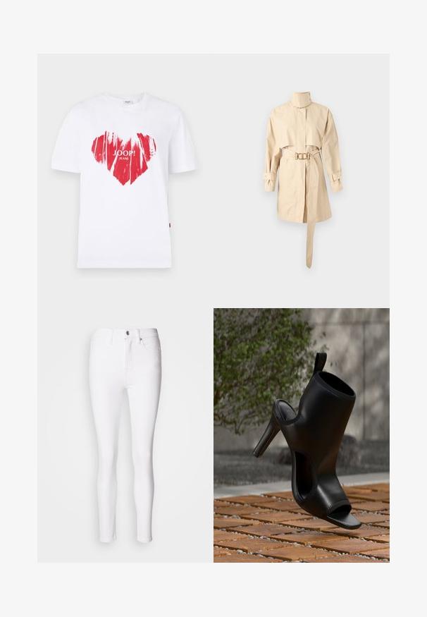 Béžový trench coat s opaskom, vysokým golierom, dlhými rukávmi a stiahnutým pásom. Tkanina je hladká so štruktúrovanou siluetou a gombíkovými manžetami.; Biele bavlnené tričko s veľkým červeným srdcom a textom "JOOP! JEANS" uprostred. Krátke rukávy a okrúhly výstrih.; Biele denimové skinny džínsy s vysokým pásom, s predným zapínaním na gombík a zips, a piatimi vreckami. Hladká textúra, priliehavý strih.; Čierny dámsky mule topánka na vysokom podpätku s otvorenou špičkou a vyrezanými stranami, zobrazený vonku na drevených latkách s rozmazaným zeleným lístím v pozadí.