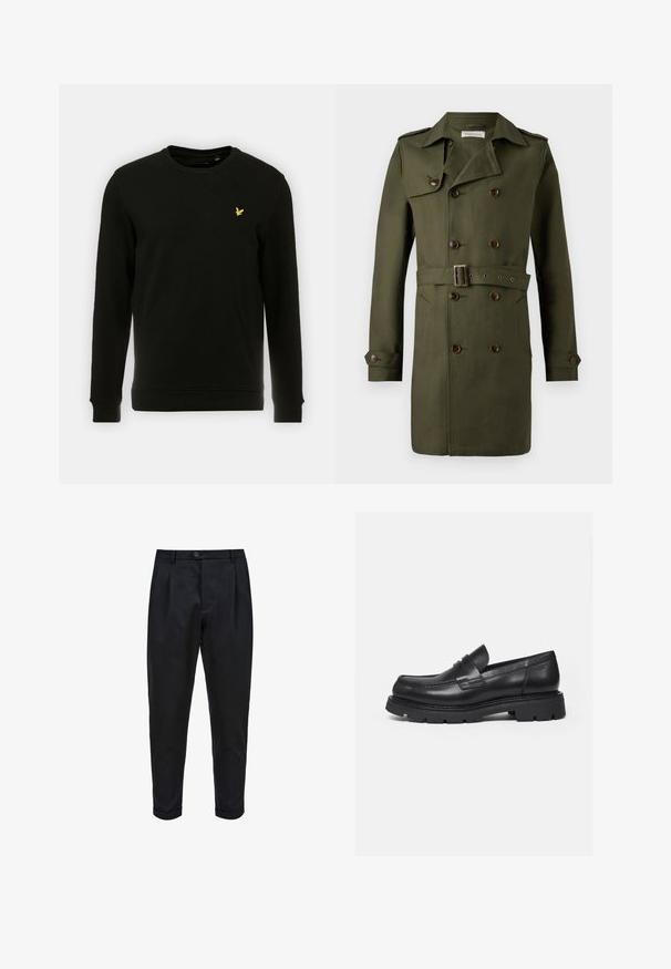 Olivgrüner, doppelt geknöpfter Trenchcoat mit braunen Knöpfen, tailliertem Gürtel und Schulterklappen. Glattes, texturiertes Gewebe.; Schwarzer Sweatshirt aus Baumwolle mit langen Ärmeln und einem Rundhalsausschnitt. Auffälliges gelbes Vogel-Logo auf der linken Brust. Angenehme, glatte Textur.; Schwarze Hose aus einem glatten Stoff, mit einem gefalteten Vorderteil, schmalem Schnitt und umgeschlagenen Säumen. Einfache Knopfverschluss an der Taille.; Schwarzer Lederloafer mit dicker, profilierter Sohle und Pennyriemen-Detail, von der rechten Seitenansicht auf weißem Hintergrund gezeigt.