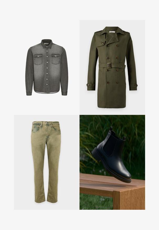 Oliven grøn dobbeltbrystet trenchcoat med brune knapper, en belagt talje og epauleter på skuldrene. Glat, tekstureret stof.; Grå denimskjorte med button-down krave, lange ærmer, to brystlommer og sølvhardware detaljer. Aftagende gradient design.; Olivengrønne denimjeans med lige ben, knap- og lynlåslukning, forlommer og bæltestropper.; Sort læder ankelstøvle med elastiske sidepaneler, der svæver over en træbænk, med grønne planter i baggrunden.