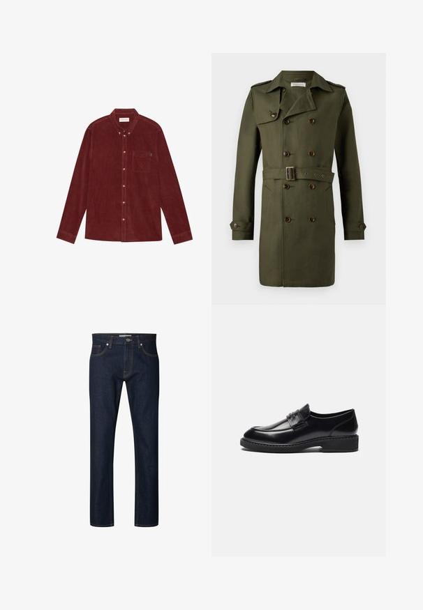 Manteau trench à double boutonnage vert olive avec des boutons marron, une taille ceinturée et des épaulettes sur les épaules. Tissu lisse et texturé.; Chemise en velours côtelé rouge avec un col boutonné, des manches longues, une poche avant et des boutons dorés. Tissu texturé.; Jean en denim bleu foncé à jambes droites avec coutures orange visibles, bouton devant, fermeture éclair et design à cinq poches.; Zign by Zalando LEATHER - Mocassins de ville - black