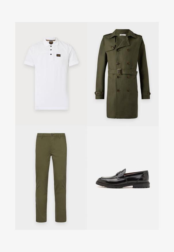 Olivgrüner, doppelt geknöpfter Trenchcoat mit braunen Knöpfen, tailliertem Gürtel und Schulterklappen. Glattes, texturiertes Gewebe.; Weißes Poloshirt aus strukturiertem Baumwollstoff, mit einem Drei-Knopf-Verschluss, kurzen Ärmeln und einem schwarzen Logo-Patch auf der Brust.; Olivgrüne Baumwoll-Chinos mit geradem Beinschnitt, ausgestattet mit einem vorderen Knopfverschluss, Seitentaschen und sauberen Säumen.; ALDO ALERIS - Slipper - black