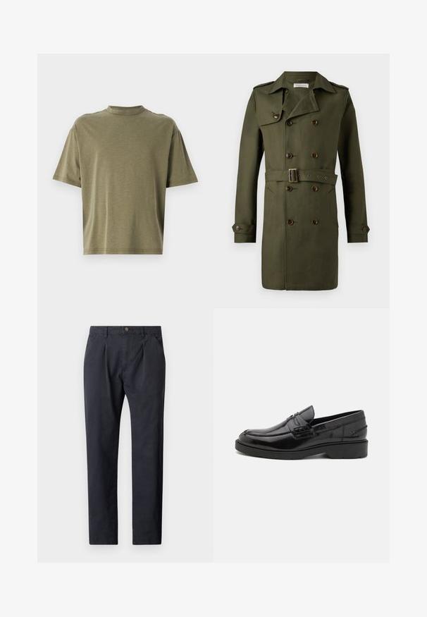 Olivgrüner, doppelt geknöpfter Trenchcoat mit braunen Knöpfen, tailliertem Gürtel und Schulterklappen. Glattes, texturiertes Gewebe.; Olivgrünes, kurz geschnittenes T-Shirt aus weichem Stoff mit hohem Rundhalsausschnitt und kurzen Ärmeln in lockerer Passform.; Dunkelgraue Hose aus Baumwollstoff. Sie verfügt über eine pleatete Vorderseite, einen Knopfverschluss und zwei Seitentaschen. Gerades Bein Design.; Schwarze Lederloafers mit glatter Oberfläche, abgerundetem Zehenbereich, niedrigem Absatz und dekorativer Naht entlang der Vorderseite. Gummisohle für guten Halt.