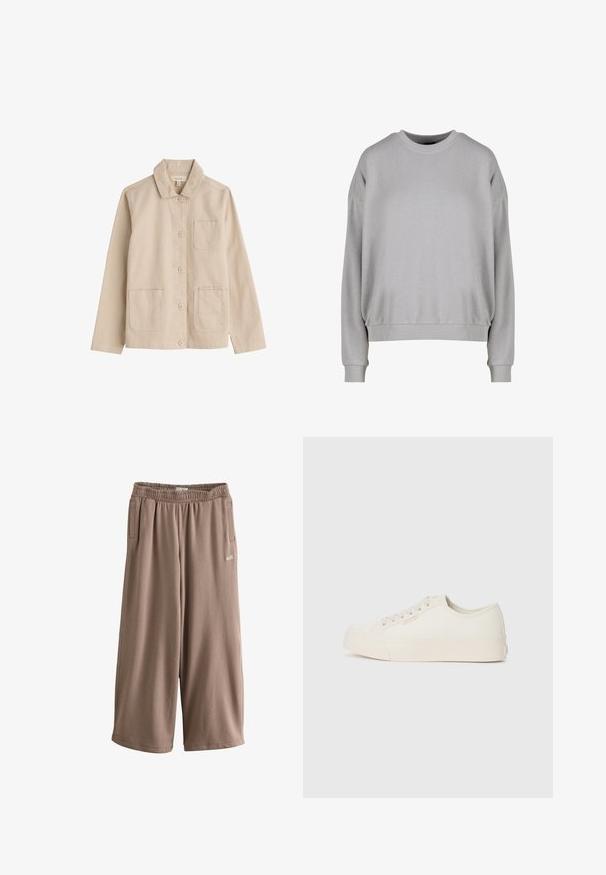 Veste en coton beige à manches longues, boutonnée à l'avant, avec col et trois poches plaquées—une sur la poitrine et deux à la taille.; Sweatshirt gris clair avec un col rond, des épaules tombantes, des poignets et un ourlet côtelés. Le tissu semble doux et lisse avec des coutures minimales.; Pantalon de survêtement court à jambes larges couleur taupe, taille élastique, poches latérales, avec petit logo blanc "self." sur la cuisse gauche.; Baskets en toile écrue, avec un design basse, bout rond et semelle en caoutchouc plate avec des détails de couture subtils.