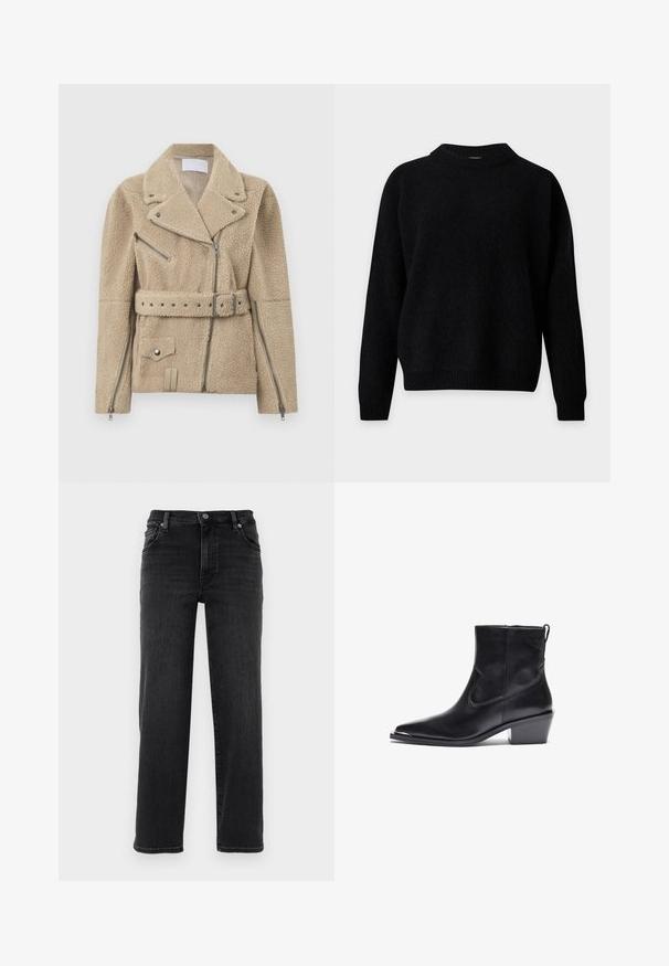 Beige Sherpa-Fleece-Bikerjacke mit breiten Revers, asymmetrischem Frontreißverschluss, seitlichen und Brust-Reißverschlusstaschen, tailliertem Gürtel und Reißverschlussärmeln.; Schwarzer langärmliger Pullover mit Rundhalsausschnitt und geripptem Kragen, Bündchen und Saum, gezeigt auf weißem Hintergrund.; Schwarze Jeans aus Denim mit geradem Bein. Verfügt über einen Knopfverschluss, fünf Taschen und minimale Nähdetails. Glatte Textur.; Schwarzer Leder-Ankle-Boot mit spitzer Zehe und niedrigem Blockabsatz. Mit einem Seitenreißverschluss und minimalen Nähdetails für ein elegantes Design.