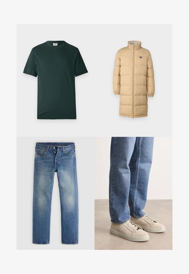 Beige lange pufferjas met een hoge kraag, ritssluiting en elastische manchetten. Biedt een gewatteerd patroon voor isolatie en warmte.; Donkergroen T-shirt met korte mouwen, gemaakt van zacht katoen, met een ronde hals en een ontspannen pasvorm, zonder zichtbare patronen of versieringen.; Blauwe spijkerbroek van denim met een rechte pijp, lichte vervaging, ontwerp met vijf zakken en koperen accenten op de knopen en klinknagels.; BOSS GARYTENN_SDHDEL - Sneakers laag - natural ten