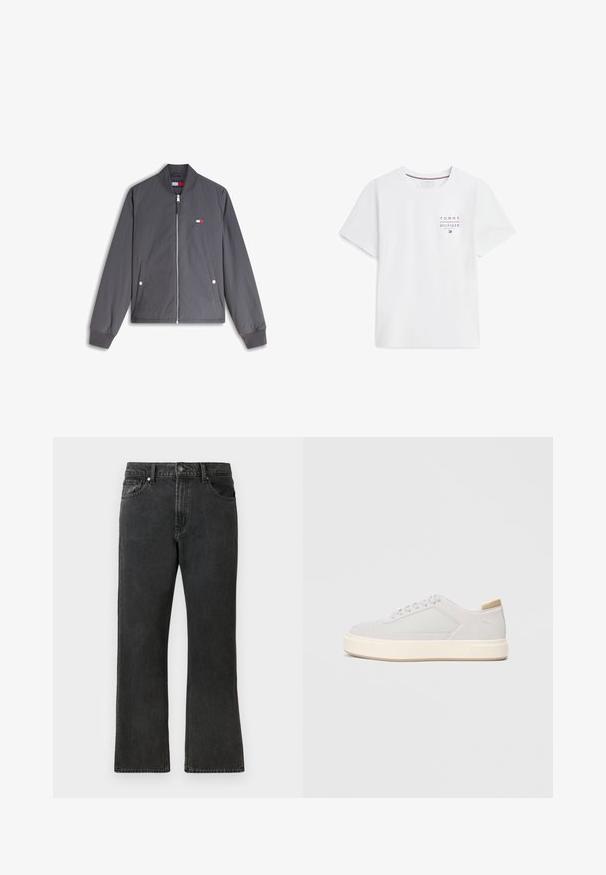 Harmaa vetoketjullinen bomber-takki, jossa on resorit hihansuissa ja kauluksessa, kaksi etutaskua painonapeilla sekä pieni Tommy Hilfiger -logo rintakehässä.; Valkoinen lyhythihainen Tommy Hilfiger -t-paita, jossa on pieni logo ja teksti vasemmassa rinnassa, jossa lukee "Tommy Hilfiger New York City NY."; Mustat farkut, joissa on suora lahje, keskikorkea vyötärö, viisi taskua ja nappikiinnitys. Hieman haalistunut rakenne kauttaaltaan.; Vaaleanharmaat lenkkarit, joissa on sileä synteettinen päällinen, pyöreä kärki ja tekstuurinen vaalean kerma midsole. Vaalean ruskeat yksityiskohdat kantapäässä.