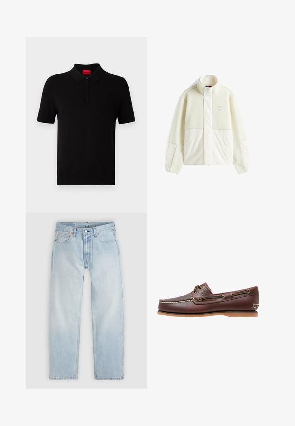 Chaqueta de forro polar blanca con panel inferior acolchado, cuello alto y un pequeño parche con el logo en el pecho. Textura suave, corte relajado y mangas largas.; Camisa polo negra hecha de algodón suave. Presenta un cuello clásico, mangas cortas y una etiqueta roja en el escote. Sin patrones ni adornos.; Vaqueros de mezclilla azul claro con un corte holgado, que incluyen cinco bolsillos, cierre de botones y sutiles detalles de costura en color naranja.; Zapato náutico de cuero marrón con costuras blancas, detalles de cordones y suela de goma color coñac, mostrado de lado sobre un fondo blanco.