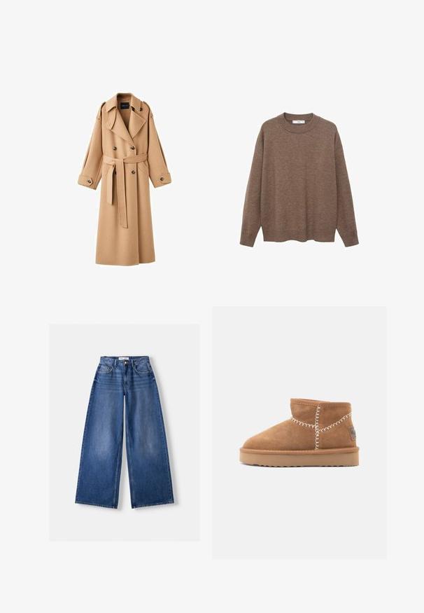 Kamelfarvet uldtrenchcoat med dobbeltbrystet front, brede klapper, bælte i taljen og lange ærmer med knapdetaljer.; Brun strikket sweater med rund halsudskæring og lange ærmer. Den har en afslappet pasform samt ribbede manchetter og søm for ekstra tekstur.; Bredbenet blå denimjeans med forlommer, bæltestropper og knaplukning, lagt fladt på en lys baggrund.; Brune ruskinds ankelstøvler med rund tå, hvid dekorativ syning og en tan gummisål med et zigzag-mønster.