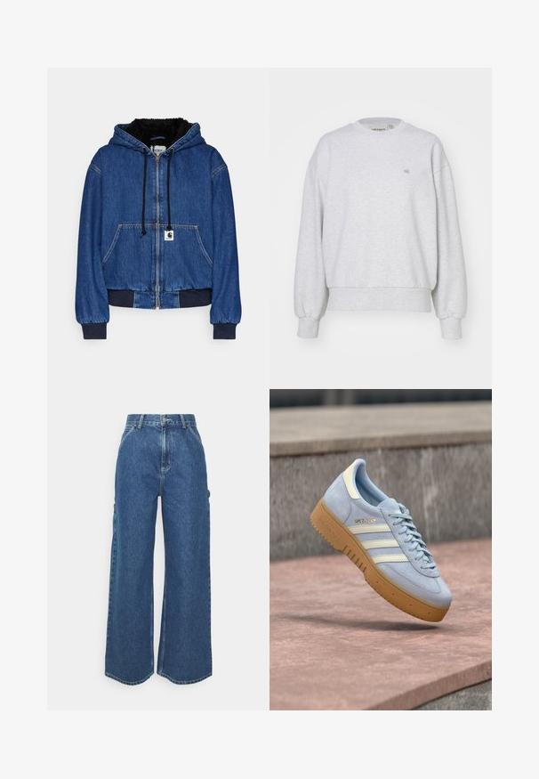 Carhartt WIP ACTIVE JACKET - Blouson Bomber - blue; Carhartt WIP CASEY - Sweatshirt - ash heather/silver; Pantalons en denim bleu à jambes larges avec taille haute, couture contrastée et poches latérales, présentant un design classique à cinq poches et des ourlets bruts.; Baskets en daim bleu clair avec des rayures blanches et un logo doré, dotées d'une semelle en caoutchouc naturel et d'un col rembourré pour le confort.