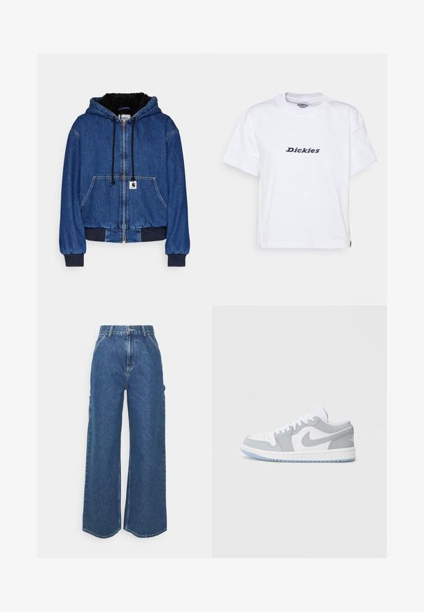 Carhartt WIP ACTIVE JACKET - Bomberjakke - blue; Dickies LORETTO TEE - T-shirts print - white; Bredde ben blå denimbukser med høj talje, kontrastsyede sømme og sidelommer, med et klassisk fem-lomme design og rå kanter.; Nike-sneakers med en blanding af gråt og hvidt læder, perforeret tå, snørebånd og en lys blå ydersål med logodetaljer.
