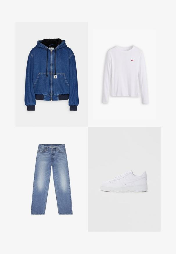 Carhartt WIP ACTIVE JACKET - Bombera - blue; Biela košeľa s dlhým rukávom vyrobená z mäkkého bavlneného materiálu. Na ľavej strane hrude je malá červená nášivka Levi's. Klasický dizajn s okrúhlym výstrihom.; Svetlomodré džíny z denimu s rovnými nohavicami, dizajnom s piatimi vreckami a viditeľným vyblednutím na stehnách. Obsahujú gombíkový zapínací systém a pútka na opasok.; Biele tenisky Nike Air Force 1 s koženým zvrškom, okrúlou špičkou, šnurovaním, polstrovaným golierom a textúrovanou gumovou podrážkou.