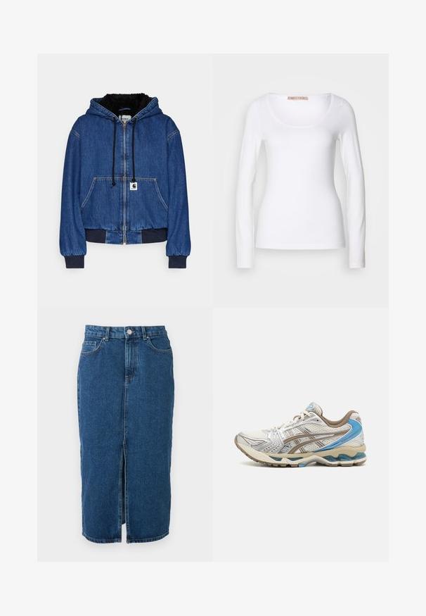 Carhartt WIP ACTIVE - Τζιν μπουφάν - blue; Μακρυμάνικη λευκή βαμβακερή μπλούζα T-shirt με στρογγυλή λαιμόκοψη και εφαρμοστή γραμμή, με λεία υφή και χωρίς διακοσμητικά στοιχεία.; Μίντι μπλε denim φούστα με κεντρική σχισμή μπροστά, θηλιές για ζώνη, μπροστινές τσέπες και κουμπί στη μέση.; Άσπρο και μπεζ αθλητικό παπούτσι με μπλε λεπτομέρειες, άνω μέρος από δίχτυ, μαλακή σόλα και σχεδιασμό με κορδόνια, εμφανιζόμενο από την εξωτερική πλευρά.