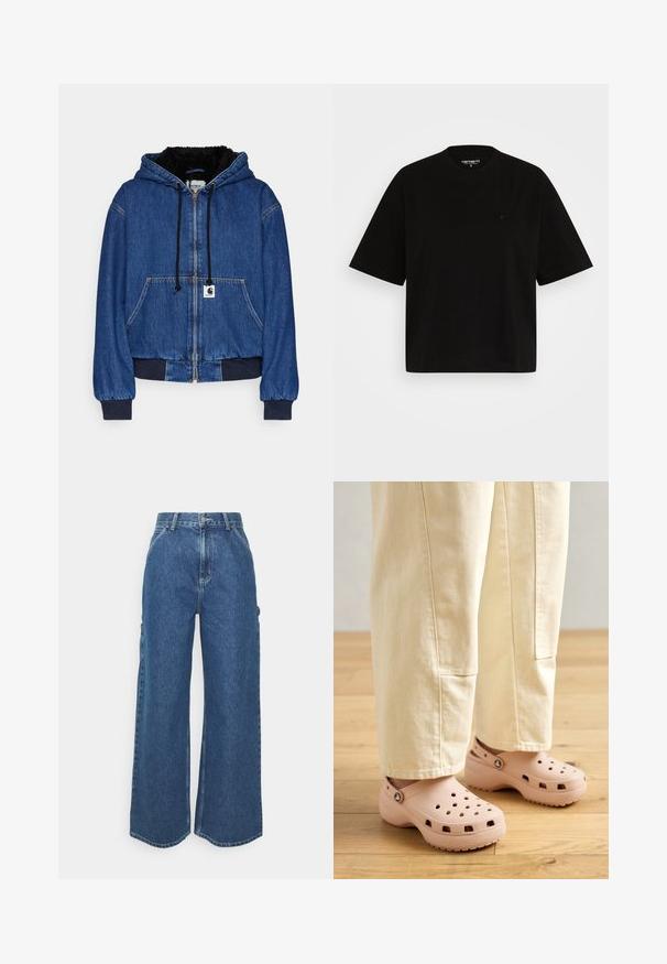 Carhartt WIP ACTIVE JACKET - Bombera - blue; Čierne bavlnené tričko s voľným strihom, krátkymi rukávmi, okrúhlym výstrihom a malým logom na ľavej hrudi.; Dlhé modré džínsy so širokými nohavicami a vysokým pásom, s kontrastným prešívaním a bočnými vreckami, s klasickým dizajnom piatich vreciek a surovými lemami.; Svetloružové gumové dreváky so ventilačnými otvormi, kontúrovaným tvarom a textúrovou podrážkou pre lepšiu priľnavosť. Nosené s svetlobežovými nohavicami.