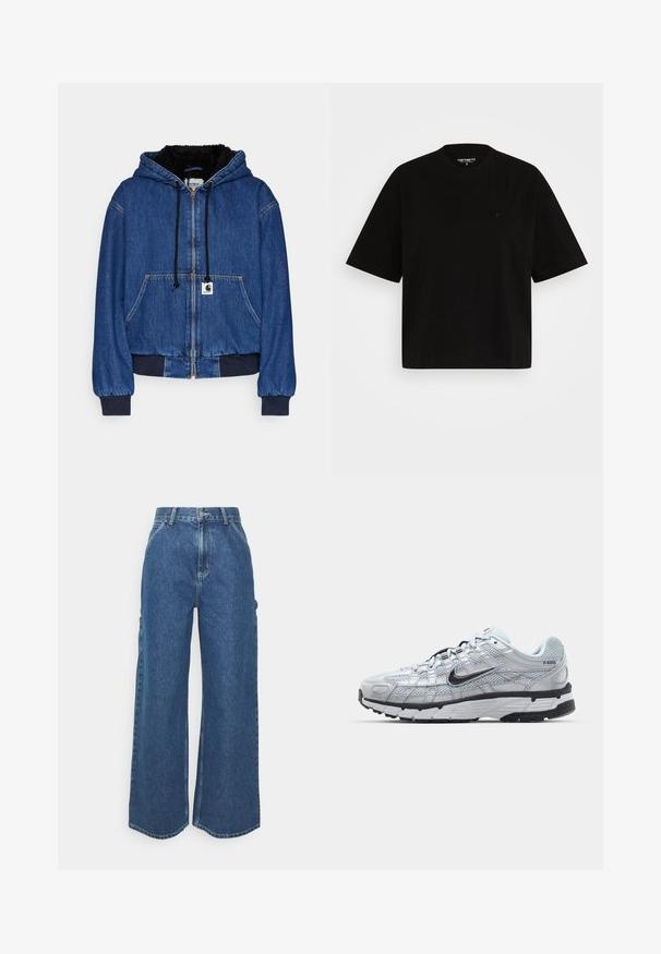 Carhartt WIP ACTIVE JACKET - Bomber-jakk - blue; Must musta T-särk lõdva lõikega, lühikeste varrukatega, ümmarguse kaelusega ning vasakul rinnal väikese logoga.; Laiene jalad sinised denim püksid kõrge vöökohaga, kontrastsete õmblustega ja küljetaskutega, klassikalise viie taskuga disainiga ja toore servaga.; Nike P-6000 tenniset heleda halli võrgust pealteega, mustade aktsentidega ja vastupidava musta kummist tallaga. Omab keerukat disaini ja paeltesüsteemi.