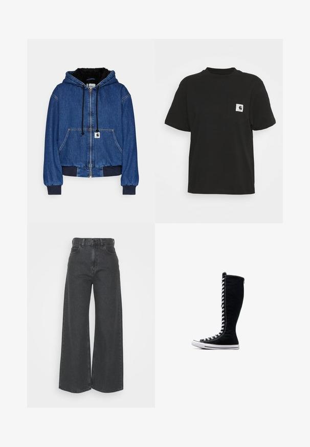 Carhartt WIP ACTIVE - Veste en jean - blue; T-shirt en coton noir à manches courtes, col rond et poche avant avec un logo carré en blanc et noir.; Jeans taille haute à jambes larges en denim gris foncé. Design classique avec une coupe droite, comprenant des passants de ceinture et des poches avant.; Baskets montantes noires avec un design haut, réalisées en toile. Elles présentent des lacets blancs, des coutures et une semelle en caoutchouc avec un capuchon au niveau des orteils.