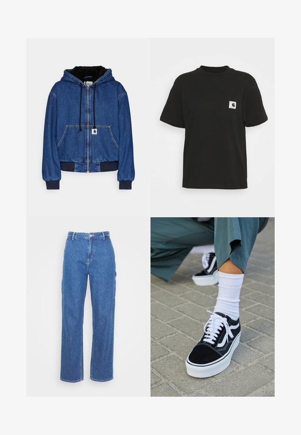 Carhartt WIP ACTIVE JACKET - Bomberjacke - blue; Schwarzes Baumwoll-T-Shirt mit kurzen Ärmeln, Rundhalsausschnitt und einer Fronttasche, die ein quadratisches Logo in Weiß und Schwarz zeigt.; Blaue High-Waist-Jeans mit geradem Bein, ausgestattet mit einem Frontknopfverschluss und seitlichen Taschen. Glatte Textur und keine sichtbaren Muster.; Schwarze Wildledersneaker mit weißen Akzenten und Schnürsenkeln, ausgestattet mit einer dicken weißen Sohle und kontrastierenden Nähten, kombiniert mit einer weißen Socke.