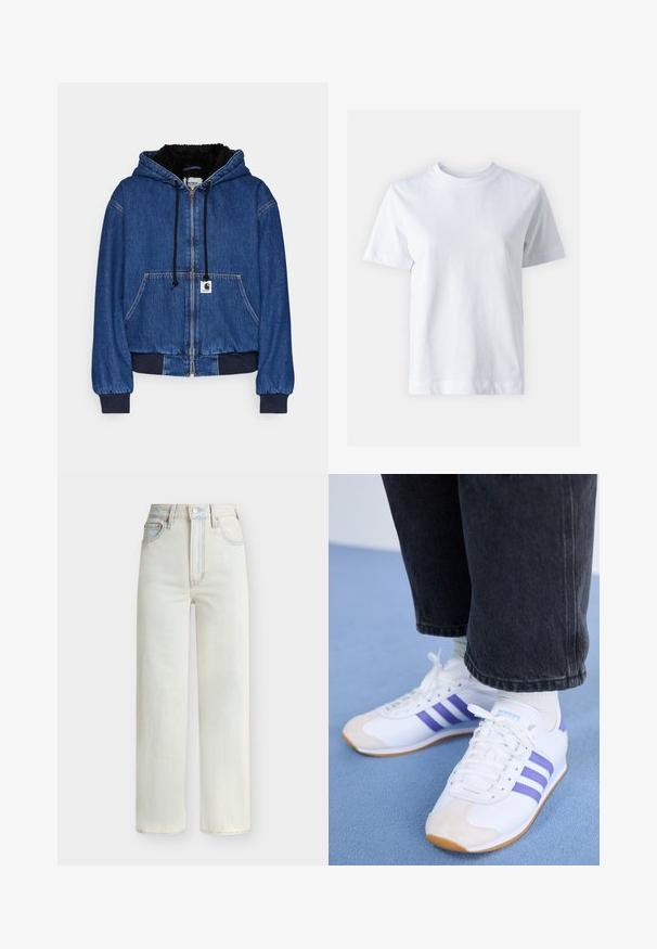 Carhartt WIP ACTIVE - Τζιν μπουφάν - blue; Λευκό βαμβακερό μπλουζάκι με κρουαζέ λαιμόκοψη, κοντά μανίκια, ίσια κοπή και απαλό υφασμά. Χωρίς σχέδια ή διακοσμητικά στοιχεία.; Τζιν με ψηλή μέση και ίσια γραμμή σε ανοιχτό μπλε χρώμα, με κουμπί μπροστά, φερμουάρ και πεντάτσεπη σχεδίαση.; Λευκά sneakers με μοβ ρίγες, διαθέτοντας σουέτ προστατευτικό μπροστινό μέρος και υφή στη σόλα. Φοριούνται με μαύρα παντελόνια με μανσέτα και λευκές κάλτσες.