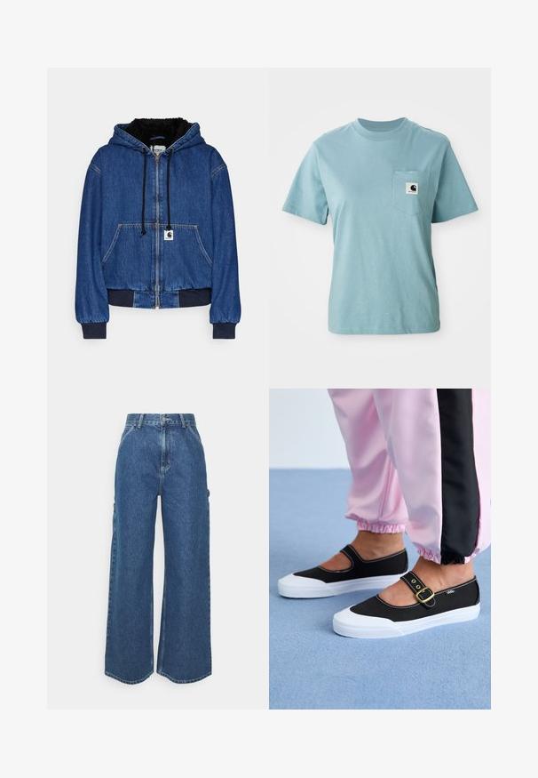 Carhartt WIP ACTIVE JACKET - Bomberjakke - blue; Lyseblå kortærmet bomulds T-shirt med brystlomme og et lille sort-hvidt Carhartt logo patch.; Bredde ben blå denimbukser med høj talje, kontrastsyede sømme og sidelommer, med et klassisk fem-lomme design og rå kanter.; Sorte lærredssko med en hvid sål, der har et udskæringsdesign og et guldspænde. Bæret med lyserøde træningsbukser.