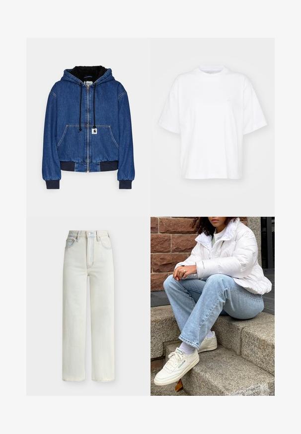Carhartt WIP ACTIVE JACKET - Μπουφάν τύπου bomber - blue; Λευκή βαμβακερή μπλούζα με στρογγυλή λαιμόκοψη, κοντά μανίκια και άνετη εφαρμογή. Διαθέτει μια διακριτική λογότυπο στην αριστερή περιοχή του στήθους. Λείος υφή.; Τζιν με ψηλή μέση και ίσια γραμμή σε ανοιχτό μπλε χρώμα, με κουμπί μπροστά, φερμουάρ και πεντάτσεπη σχεδίαση.; Λευκή φούτερ τζάacket με ψηλό γιακά, ανοιχτό γαλάζιο τζιν παντελόνι και λευκά sneakers Reebok. Υφασματικές πέτρινες σκάλες στο παρασκήνιο.