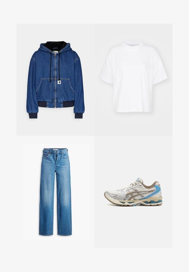 Carhartt WIP ACTIVE JACKET - Μπουφάν τύπου bomber - blue; Λευκή βαμβακερή μπλούζα με στρογγυλή λαιμόκοψη, κοντά μανίκια και άνετη εφαρμογή. Διαθέτει μια διακριτική λογότυπο στην αριστερή περιοχή του στήθους. Λείος υφή.; Μπλε τζιν παντελόνι με ψηλή μέση, φαρδύ σχέδιο και πέντε τσέπες. Διαθέτει κουμπί στο φερμούαρ και ξεθωριασμένο φινίρισμα.; Άσπρο και μπεζ αθλητικό παπούτσι με μπλε λεπτομέρειες, άνω μέρος από δίχτυ, μαλακή σόλα και σχεδιασμό με κορδόνια, εμφανιζόμενο από την εξωτερική πλευρά.
