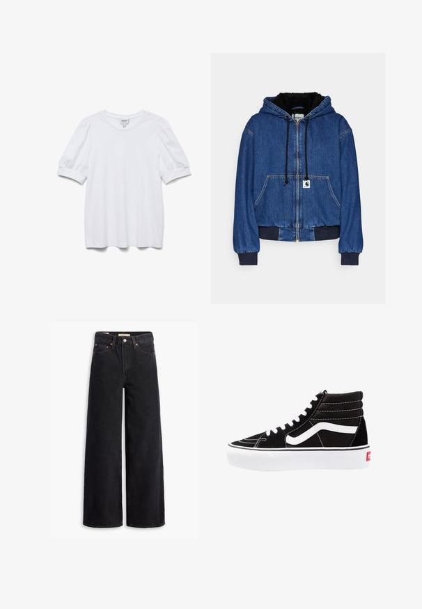 Carhartt WIP ACTIVE JACKET - Bomberjacks - blue; Witte top met korte mouwen, een ronde halslijn en pofmouwen. Gemaakt van een gladde stof en voorzien van een label met de tekst "AWARE."; Zwarte brede jeans gemaakt van denim, met vijf zakken, koperen klinknagels en een klassieke knoopsluiting. Glad van textuur met een strakke uitstraling.; Zwarte high-top sneakers met witte veters, een wit logo en contrasterende witte stiksels. Heeft een dikke witte zool en een bovenwerk van gestructureerd suede.
