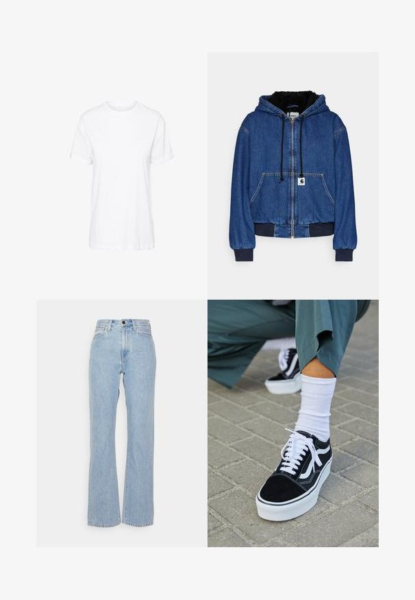 Carhartt WIP ACTIVE JACKET - Bombera - blue; Biela bavlnená tričko s krátkymi rukávmi, okrúhlym výstrihom a voľným strihom, s hladkou textúrou a bez viditeľných vzorov.; Svetlomodré džínsy s vysokým pásom a širokým strihom, s pútkom na opasok, predným zapínaním na gombík a klasickým piatimi vreckami.; Čierne semišové tenisky s bielymi akcentmi a šnúrkami, s hrubou bielou podrážkou a kontrastným prešívaním, doplnené o bielu ponožku.