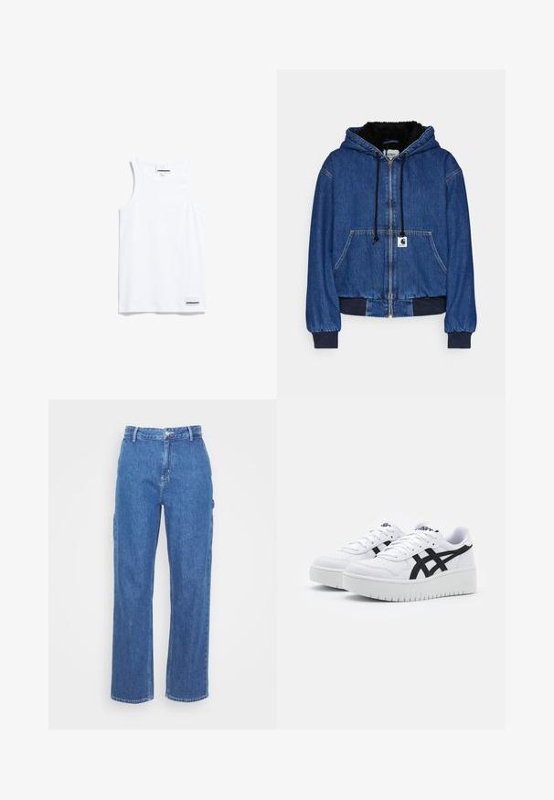 Carhartt WIP ACTIVE JACKET - Bomberjacks - blue; Witte tanktop gemaakt van katoen. Voorzien van brede schouderbanden en een ronde halslijn. Inclusief een klein merkje aan de onderkant links.; Blauwe denim hoge taillebroek met een rechte pijpdesign, voorzien van een sluiting met een knoop aan de voorkant en zijzakken. Een gladde textuur en geen zichtbare patronen.; Witte sneakers met een textuur oppervlak, zwarte zijstrepen en een dikke witte zool. Heeft een vetersluiting en een logo op de tong.
