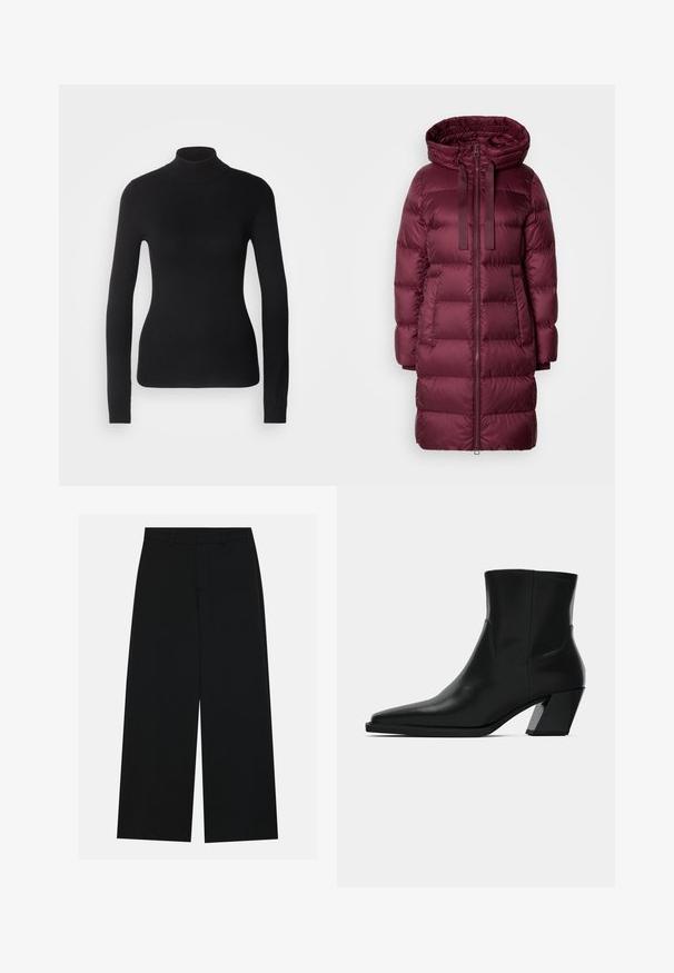 Bordeaux pufferjakke med hætte, med en frontlynlås, sidelommer og rektangulært quiltet mønster. Mellemlang design.; Sort turtleneck sweater lavet af let strikket stof. Har lange ærmer, et tætsiddende design og en blød ribbet tekstur.; Breddebenede sorte bukser lavet af et glat stof. Har en flad talje med bæltestropper og ingen synlige lommer. Simpelt design.; Sortlæder ankelstøvle med spids tå, en slank silhuet og en kraftig firkantet hæl. Glat tekstur med minimale stikninger.