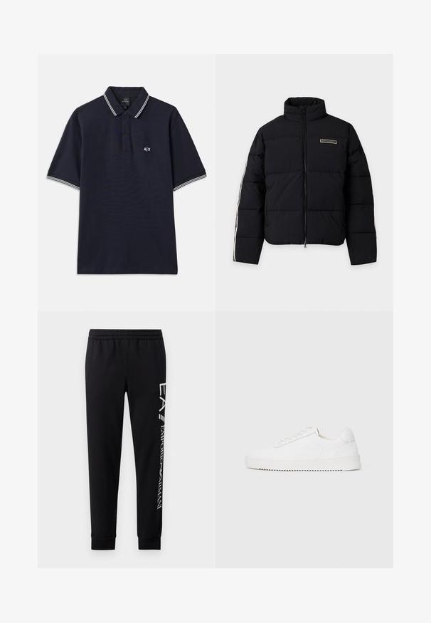 Sort polstret jakke med frontlynlås, høj krave og logo-patch på brystet med mønstrede striber langs ærmerne.; Marineblå poloshirt lavet af bomuld med klassisk krave, to-knaps placket og hvide stribede accenter på ærmerne. Lille logo på brystet.; Sorte sweatpants lavet af en bomuldsblanding, med elastisk talje, smalle ben, ribbede manchetter og hvidt logo print langs siden.; Hvid sneaker med en glat læderoverdel, rund tå, snørebånd, teksturerede sideaccenter og en tyk gummisål. Minimalistisk design.