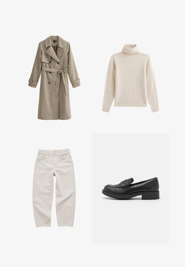 Beige ruutukuvioinen trenssitakki, jossa on kaksirivinen etuosa, vyö vyötäröllä ja leveät kaulukset. Valmistettu teksturoidusta kankaasta ja siinä on pitkät hihat.; Beige turtleneck neulepusero, joka on valmistettu pehmeästä, teksturoidusta kankaasta. Varustettu pitkillä hihoilla, ribbireunuksella ja suora helma. Yksinkertainen muotoilu.; Beige farkut suoran leikkauksen, viiden taskun muotoilun, metallinappien ja nittien sekä hienovaraisen tekstuuripinnan kanssa.; Musta nahkalettopohjaiset kengät, joissa on pyöristetty kärki, kaksi koristeellista nauhaa yläosassa ja paksu kumipohja, jossa on urat.