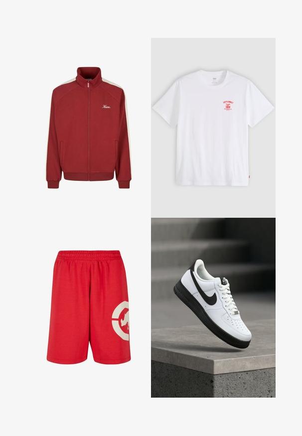 Veste zippée rouge avec col montant, bandes blanches sur les manches, poches avant et logo "Kani" sur la poitrine gauche.; T-shirt blanc à manches courtes avec texte rouge "LET'S ROLL!" et graphique sur le côté gauche de la poitrine montrant un palmier et un skateboard.; Shorts rouges en coton avec une taille élastique, présentant un grand design graphique blanc sur la jambe gauche et une texture lisse.; Baskets en cuir blanc avec accents noirs, bout arrondi et détails perforés. Semelle en caoutchouc noire avec motif texturé et fermeture à lacets.