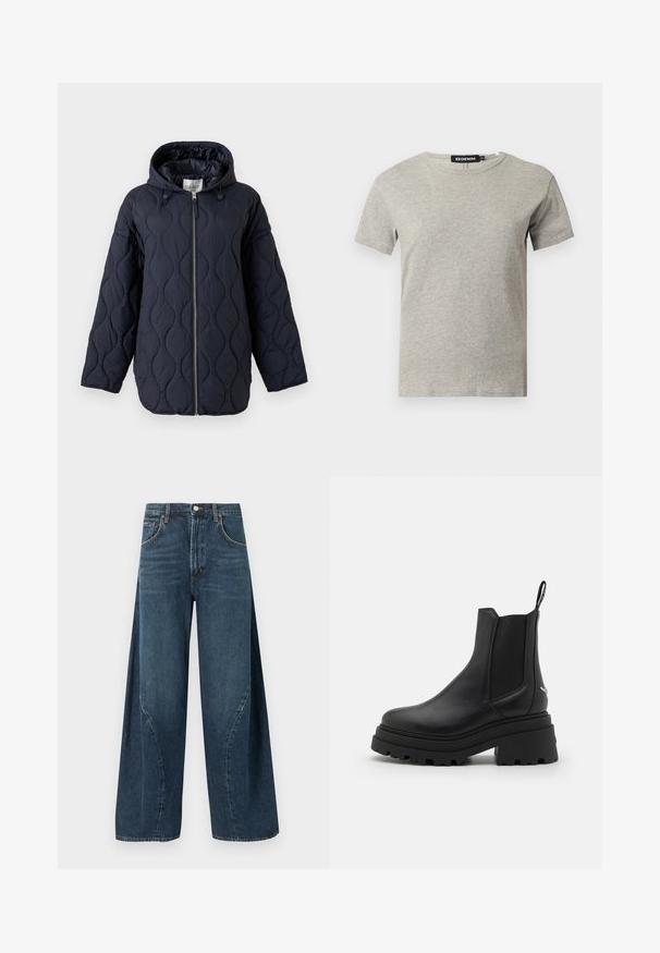 Mørkeblå quiltet jakke med hætte, fuld frontlynlås og snore til at justere hætten, vist mod en hvid baggrund.; Lysegrå kortærmet crew neck bomulds T-shirt med synligt sort mærke inde i kraven med teksten "DENIM" og størrelse "S".; Mørkeblå vidde-ben denimjeans med forlommer, bæltestropper og en knaplukning ved taljen, vist på en ensfarvet baggrund.; Sorte chelsea støvler lavet af glat læder med elastiske sidepaneler, en tyk, rillede gummisål og en pull-tab bagpå.