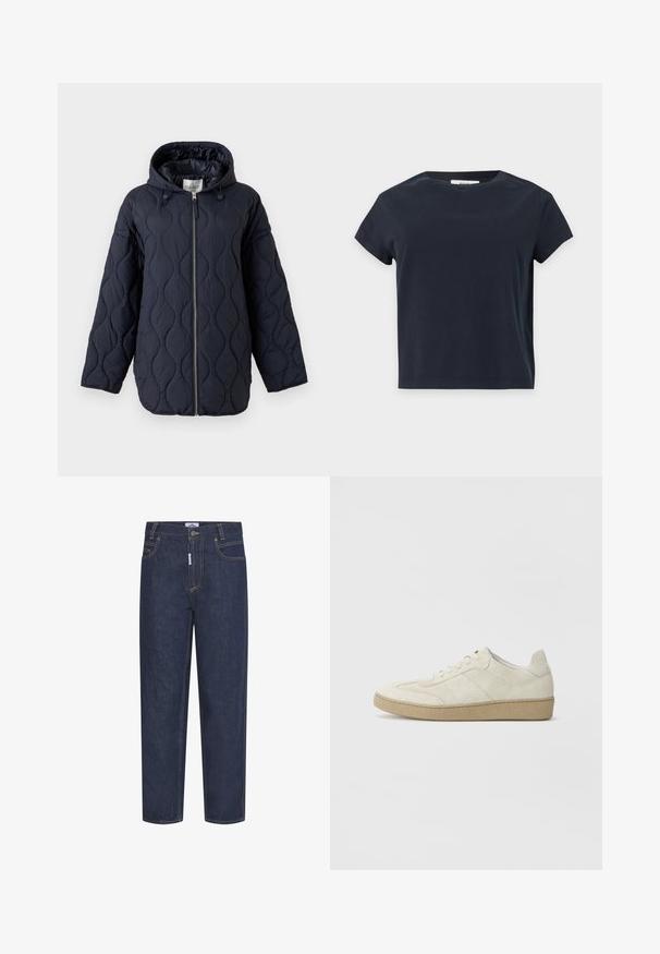 Chaqueta acolchada azul marino con capucha, cremallera completa en el frente y cordones ajustables en la capucha, mostrada sobre un fondo blanco.; Camiseta negra lisa de manga corta con cuello redondo y dobladillo recto sobre un fondo gris claro.; Jeans de mezclilla azul oscuro con corte recto, con costuras naranjas, bolsillos frontales y cierre de botón. Tejido duradero con una textura suave.; Zapatillas de ante beige con un diseño texturizado, suela plana de goma y costuras laterales distintivas. Punta redonda y detalle de cuello acolchado.