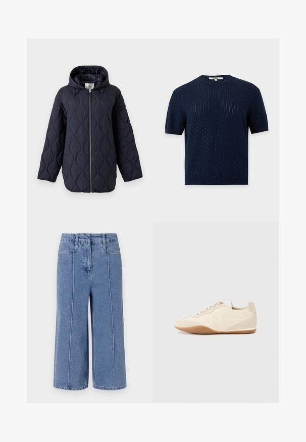 Chaqueta acolchada azul marino con capucha, cremallera completa en el frente y cordones ajustables en la capucha, mostrada sobre un fondo blanco.; Top de punto azul marino de manga corta con sutil canalé vertical y pequeños detalles de textura punteada por toda la prenda.; Pantalones culottes de mezclilla azul claro con un diseño de pierna ancha, que cuentan con bolsillos delanteros y traseros, y costuras prominentes a lo largo de las costuras.; Zapatillas deportivas color beige claro con parte superior de cuero texturizado, paneles laterales texturizados y suela de goma. Presentan un diseño elegante y estilizado con cordones planos.