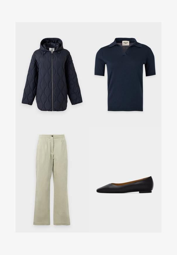 Veste matelassée bleu marine avec capuche, fermeture éclair intégrale à l'avant et cordons de serrage sur la capuche, présentée sur fond blanc.; Chemise en maille bleu marine à manches courtes avec un petit col ouvert et un col en V, présentée sur un fond gris clair uni.; Pantalons larges vert clair en tissu doux, dotés d'une fermeture à bouton à l'avant, de plis et d'un ourlet net.; Chaussure plate en cuir noir à bout pointu avec talon bas et finition lisse, vue de côté sur un fond gris clair.