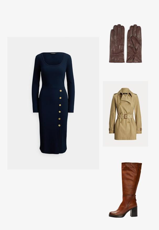 Beige dobbeltradet trenchcoat med bred krave, bælte med rektangulært spænde, knappede skulderstropper og justerbare ærmebånd.; Marineblå ribstrikket langærmet kjole med firkantet halsudskæring og knapper i siden. Har en tætsiddende silhuet og knælængde.; Brune læder knæhøje støvler med rund tå, chunky sort hæl og subtile syninger foran og bagpå.; Brune læderhandsker med en glat tekstur. Funktioner inkluderer fem fingre, diskret søm på bagsiden og indsamlet håndledsdetalje.