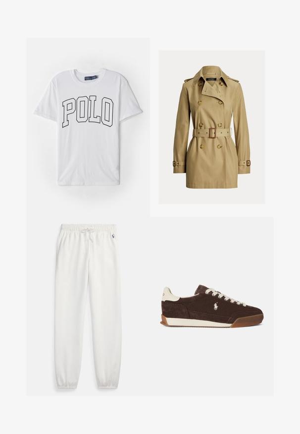 Beige dobbeltradet trenchcoat med bred krave, bælte med rektangulært spænde, knappede skulderstropper og justerbare ærmebånd.; Hvid bomulds T-shirt med en sort konturprint af ordet "POLO" på forsiden, korte ærmer og en rund halsudskæring.; Hvide joggingbukser i blødt, letvægtsstof med elastisk taljebånd og justerbar snor. Fit tilspidsede manchetter ved anklerne. Lille logodetalje.; Brun ruskindsneaker med hvide snørebånd, en kontrasterende hvid hæl, gummisål og et broderet logo på siden. Klassisk lavt design.